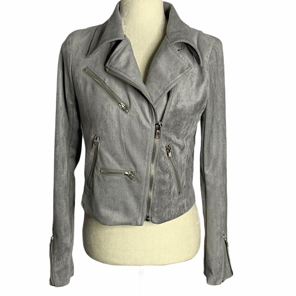 Lulus Faux Suede Moto Jacket S Grey Microfiber